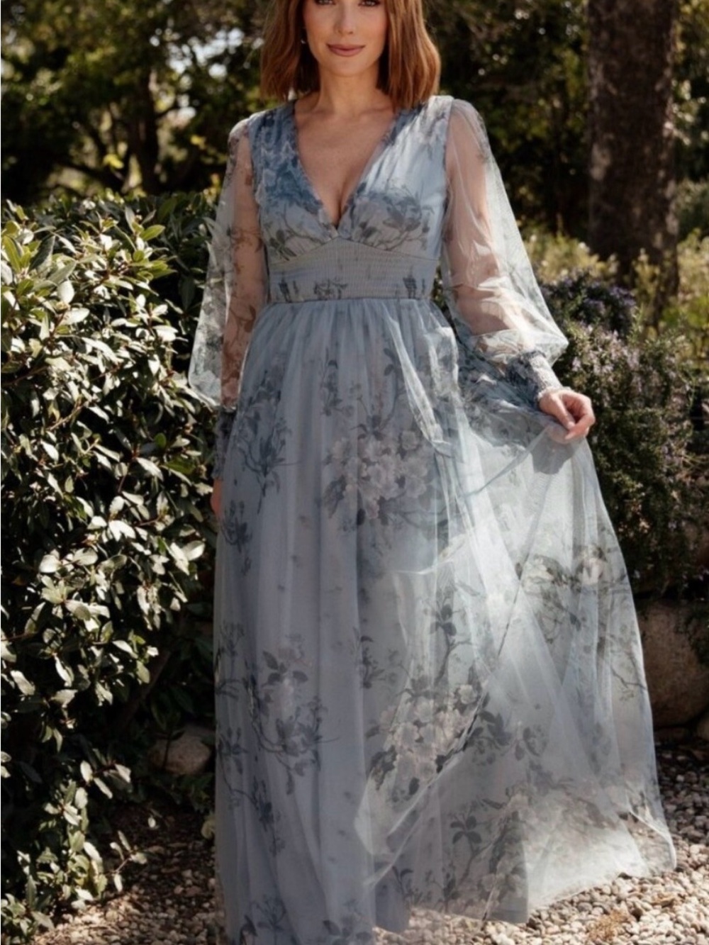 Layla Tulle Maxi Dress- Dusty Blue Foral 1X- Baltic Born